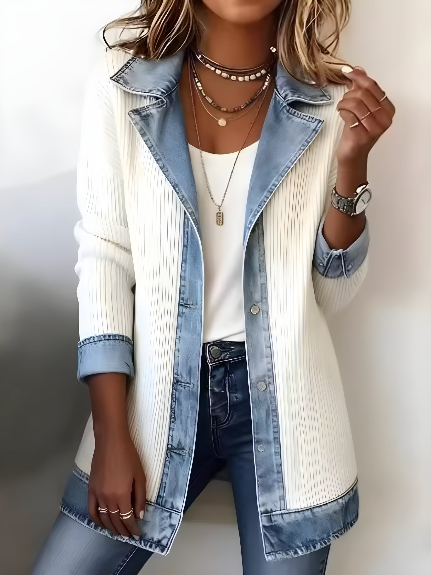 Luna™ Elegant Denim Lapel Combined Coat 0