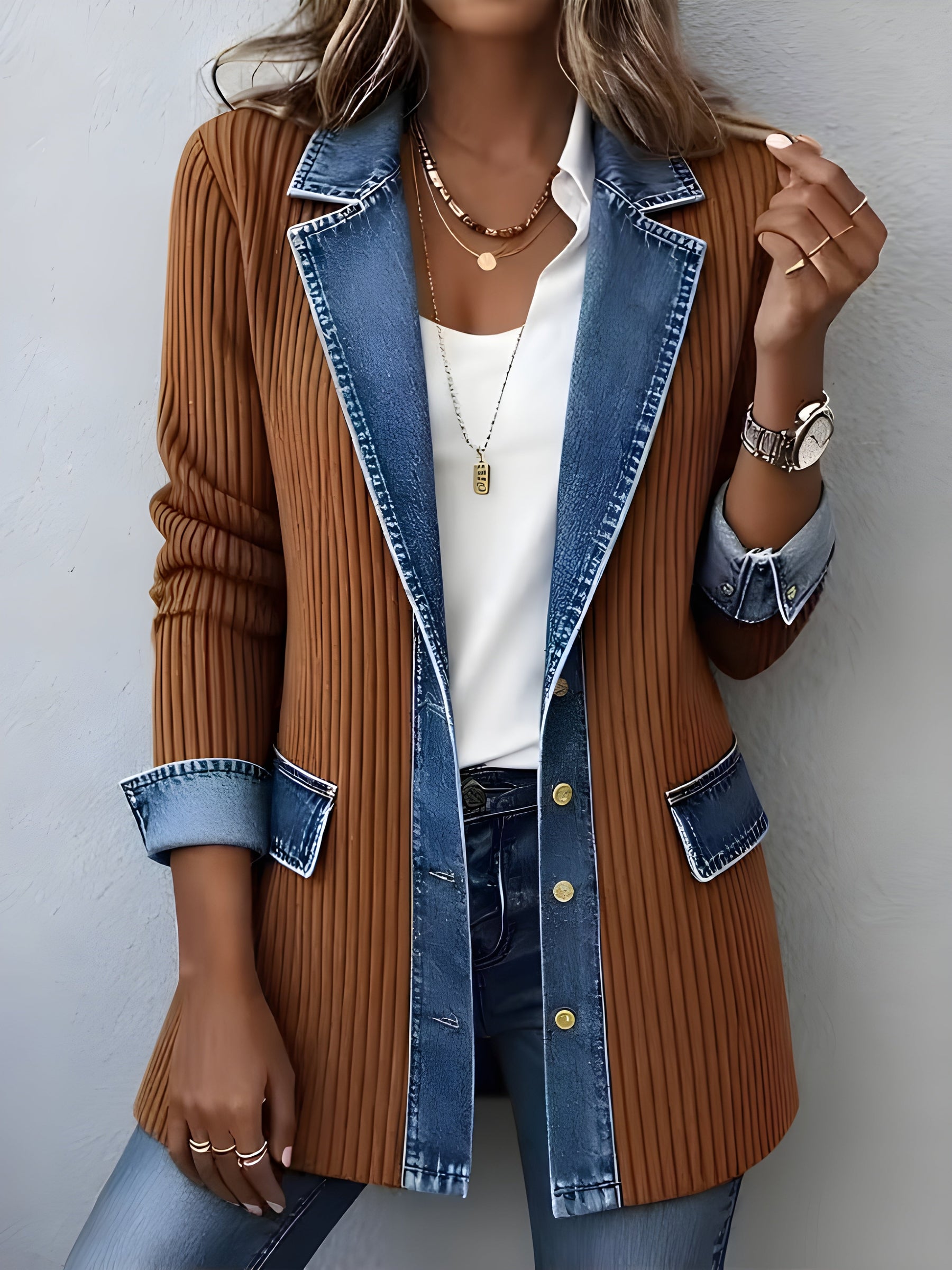 Luna™ Elegant Denim Lapel Combined Coat 1