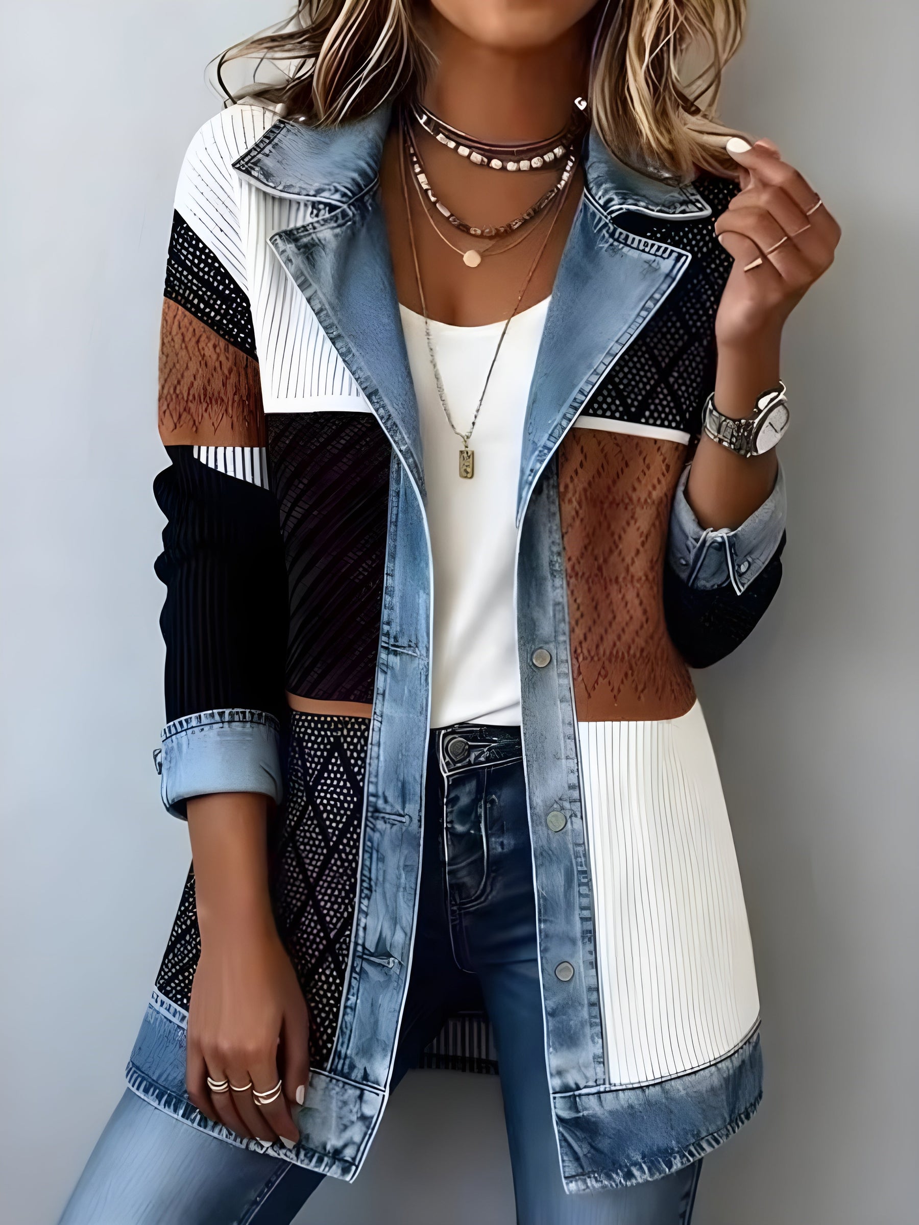 Luna™ Elegant Denim Lapel Combined Coat 2