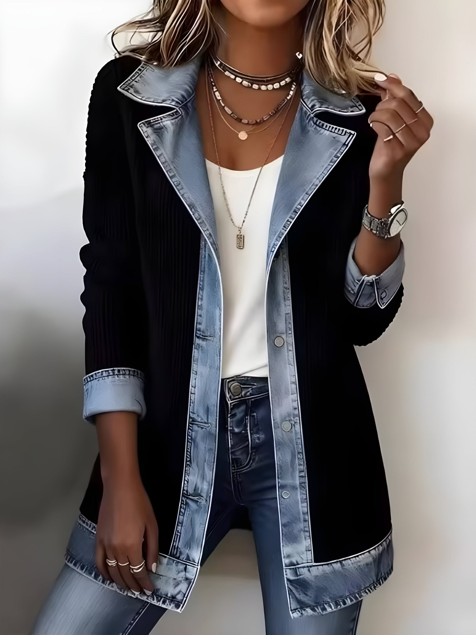 Luna™ Elegant Denim Lapel Combined Coat 4