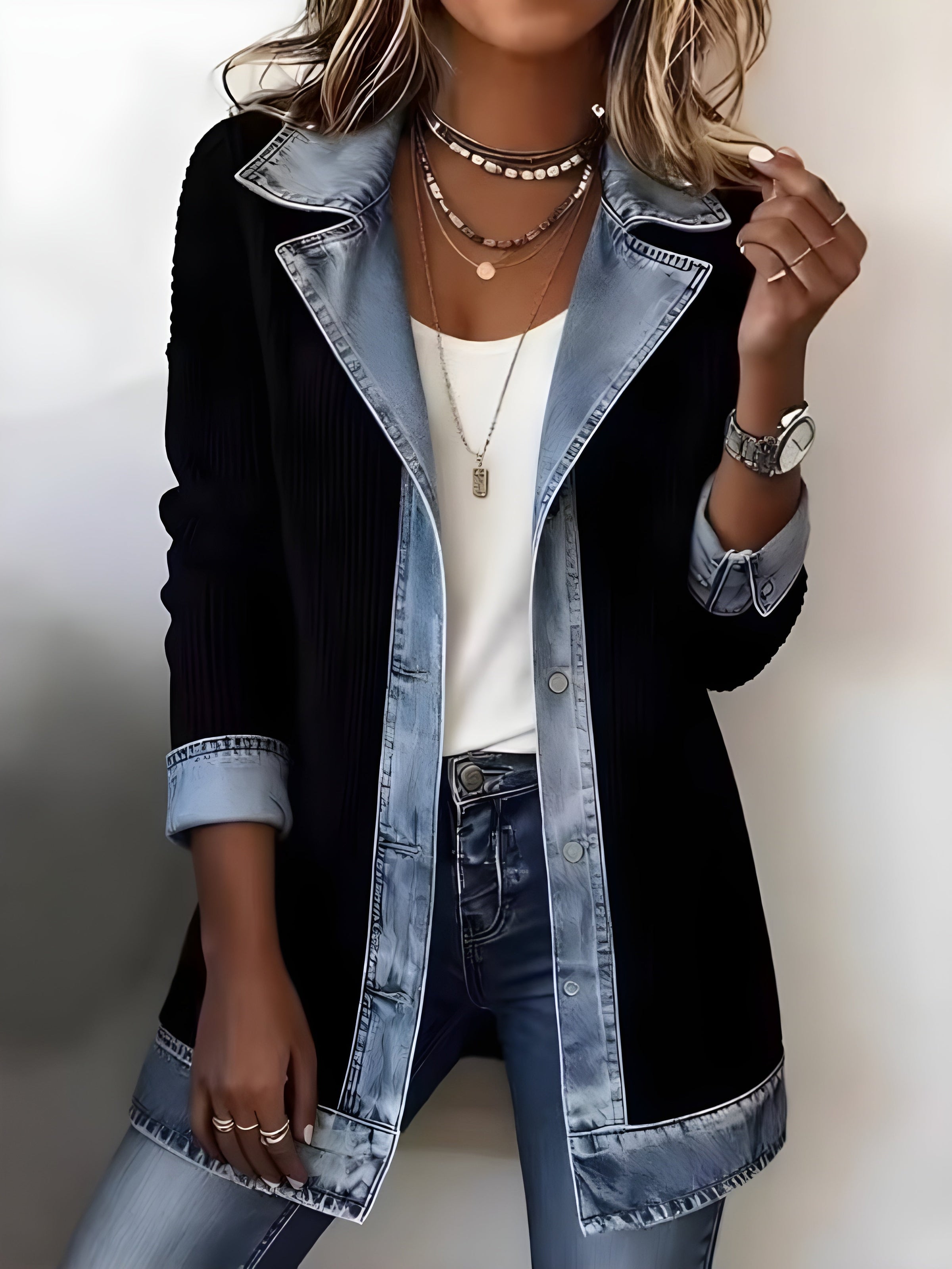 Luna™ Elegant Denim Lapel Combined Coat 4